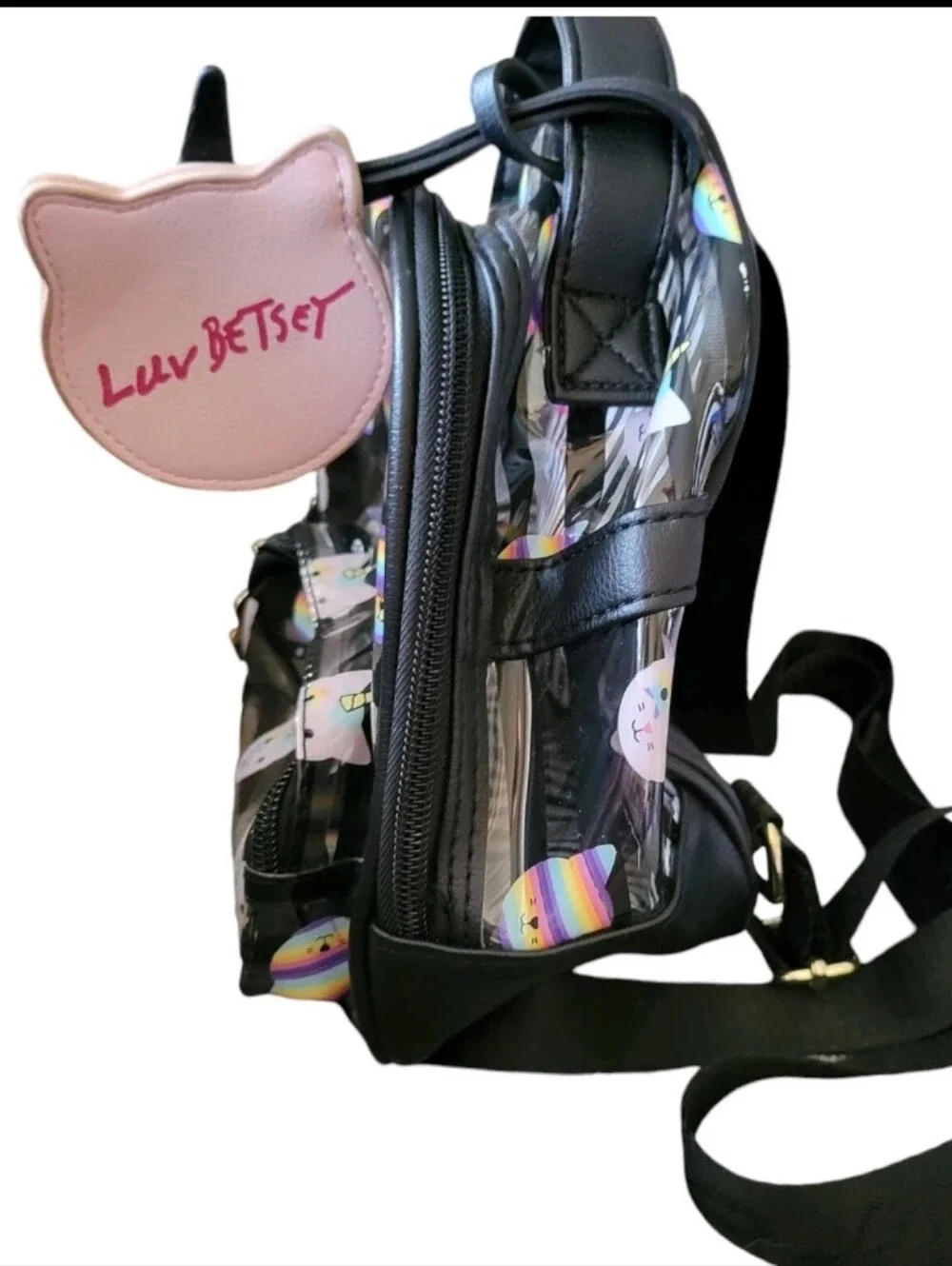 Betsey Johnson Rainbow Cat Unicorn Backpack - Pink & Black Transparent Stripes